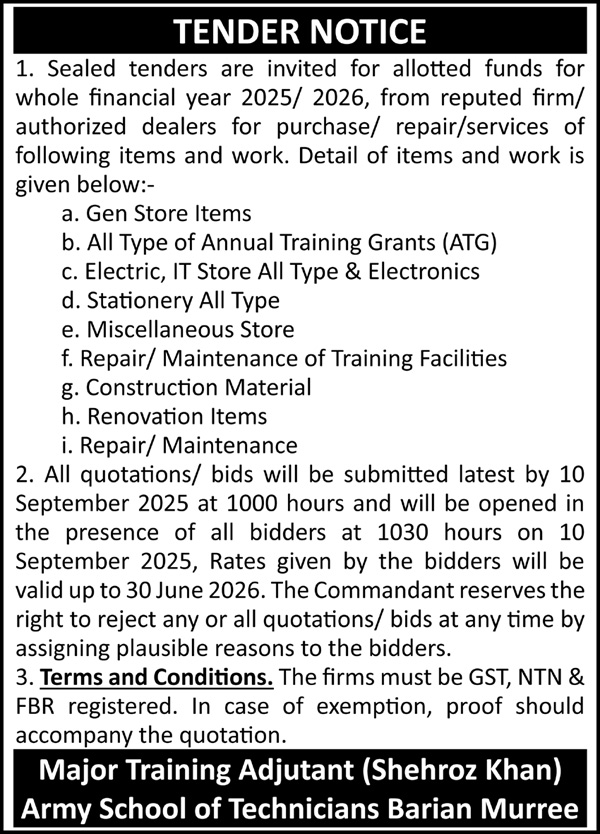 Army School of Technicians Murree Tender Notice